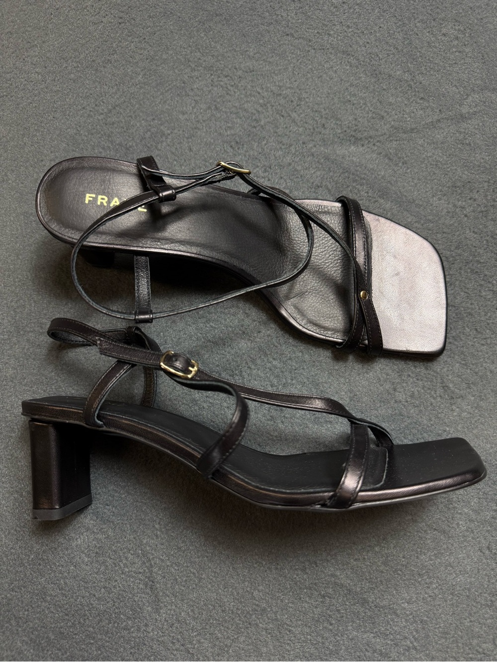 Frame Le Braxton Leather Sandals kitten Heel Strappy Square open Toe 6.5 black - Picture 2 of 8
